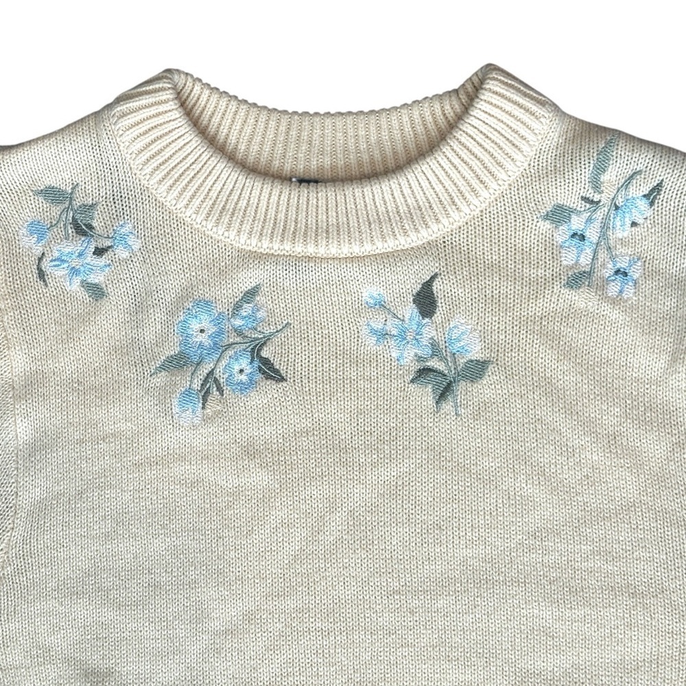 H&M Floral Embroidered Balloon Sleeve Bohemian Crew Neck Sweater Cream Women XXS - Picture 3 of 5
